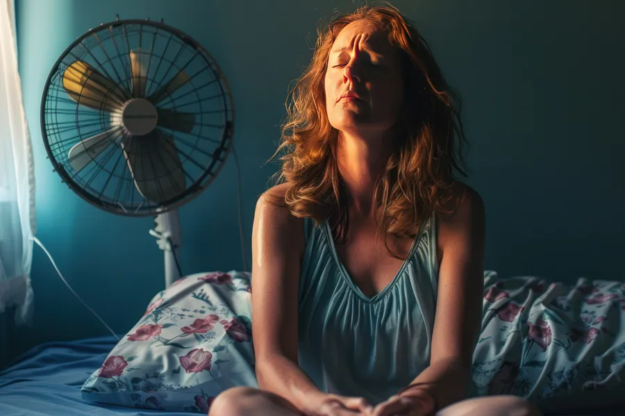 Hot-Flashes-and-Night-Sweats-Clinic A middle-aged red-haired woman sits in bed sweating with a fan behind her, unable to sleep. Get treatment for hot flashes and night sweats from Anita Petruzzelli, M.D. in Glastonbury.