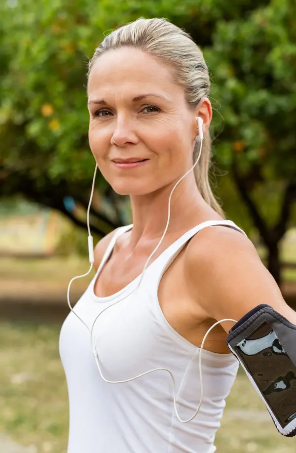 Insulin-Resistance-Treaatment A fit middle aged woman wearing earphones and a tank top smiles after a run. Get insulin resistance treatment from Anita Petruzzelli, M.D. in Glastonbury.