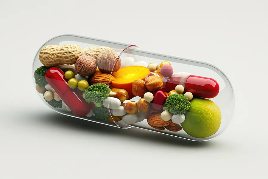 Nutritional-Supplements-Clinic 3D illustration of a transparent capsule filled with healthy foods. Schedule personalized nutritional supplements from Anita Petruzzelli, M.D. in Glastonbury.
